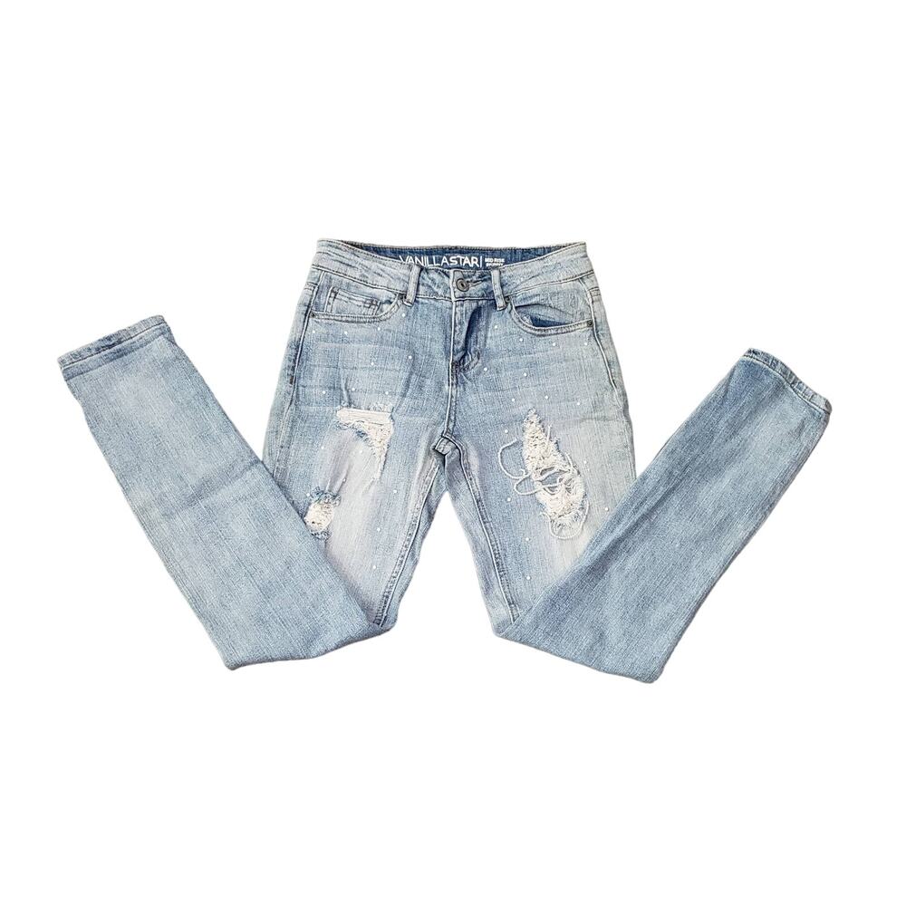 Vanilla Star Light Washed Distressed Faux Pearl Strings Mid Rise Skinny Jeans